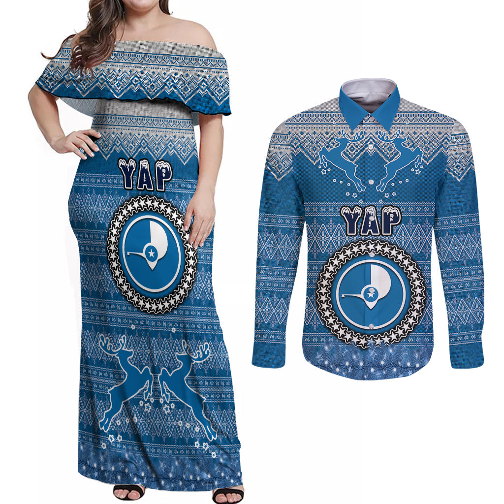 Personalised Yap Christmas Couples Matching Off Shoulder Maxi Dress and Long Sleeve Button Shirts Coat of Arms Beautiful Merry Xmas Snowflake LT03 Blue - Polynesian Pride