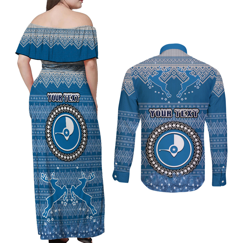Personalised Yap Christmas Couples Matching Off Shoulder Maxi Dress and Long Sleeve Button Shirts Coat of Arms Beautiful Merry Xmas Snowflake LT03 - Polynesian Pride