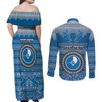Personalised Yap Christmas Couples Matching Off Shoulder Maxi Dress and Long Sleeve Button Shirts Coat of Arms Beautiful Merry Xmas Snowflake LT03 - Polynesian Pride