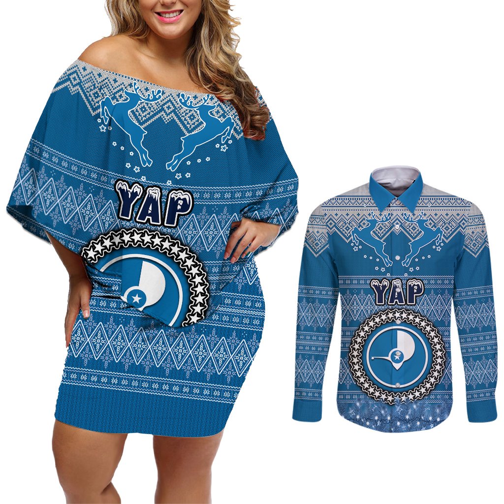 Personalised Yap Christmas Couples Matching Off Shoulder Short Dress and Long Sleeve Button Shirts Coat of Arms Beautiful Merry Xmas Snowflake LT03 Blue - Polynesian Pride