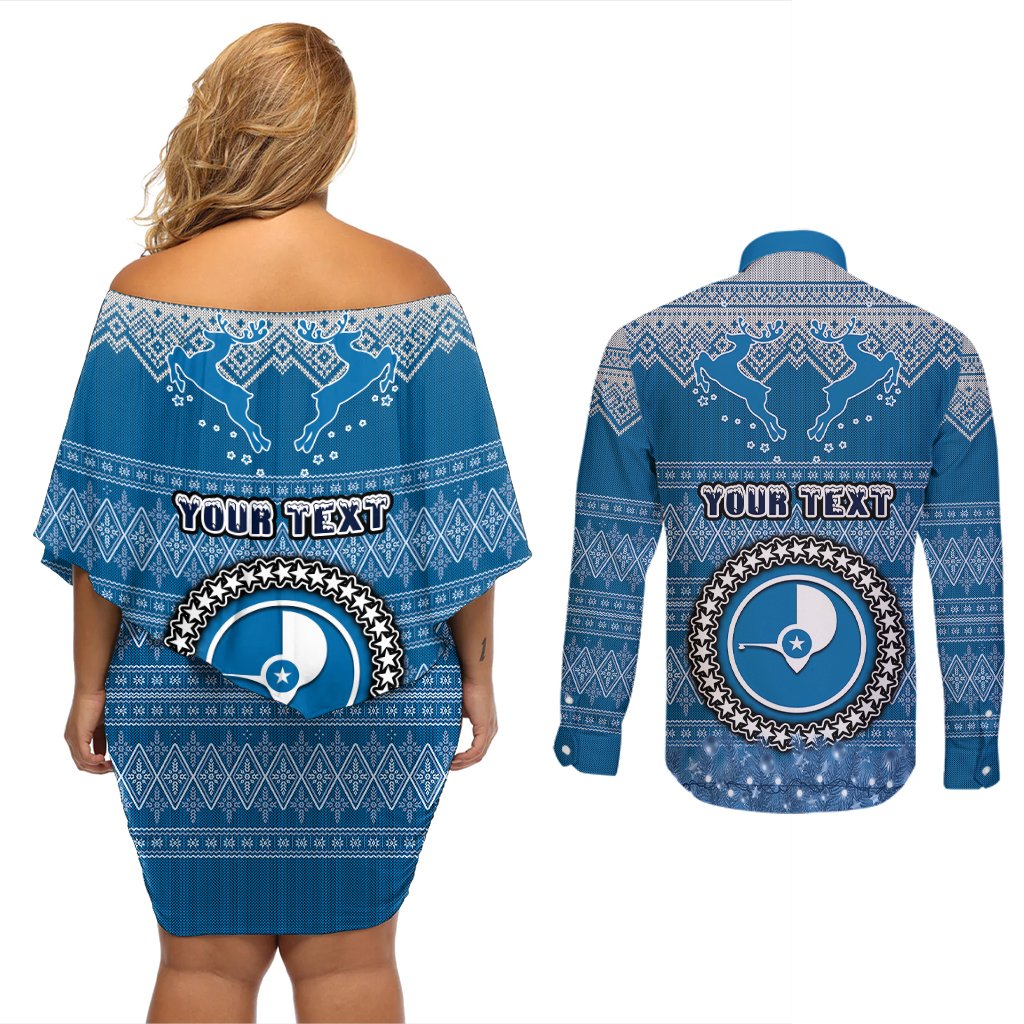 Personalised Yap Christmas Couples Matching Off Shoulder Short Dress and Long Sleeve Button Shirts Coat of Arms Beautiful Merry Xmas Snowflake LT03 - Polynesian Pride