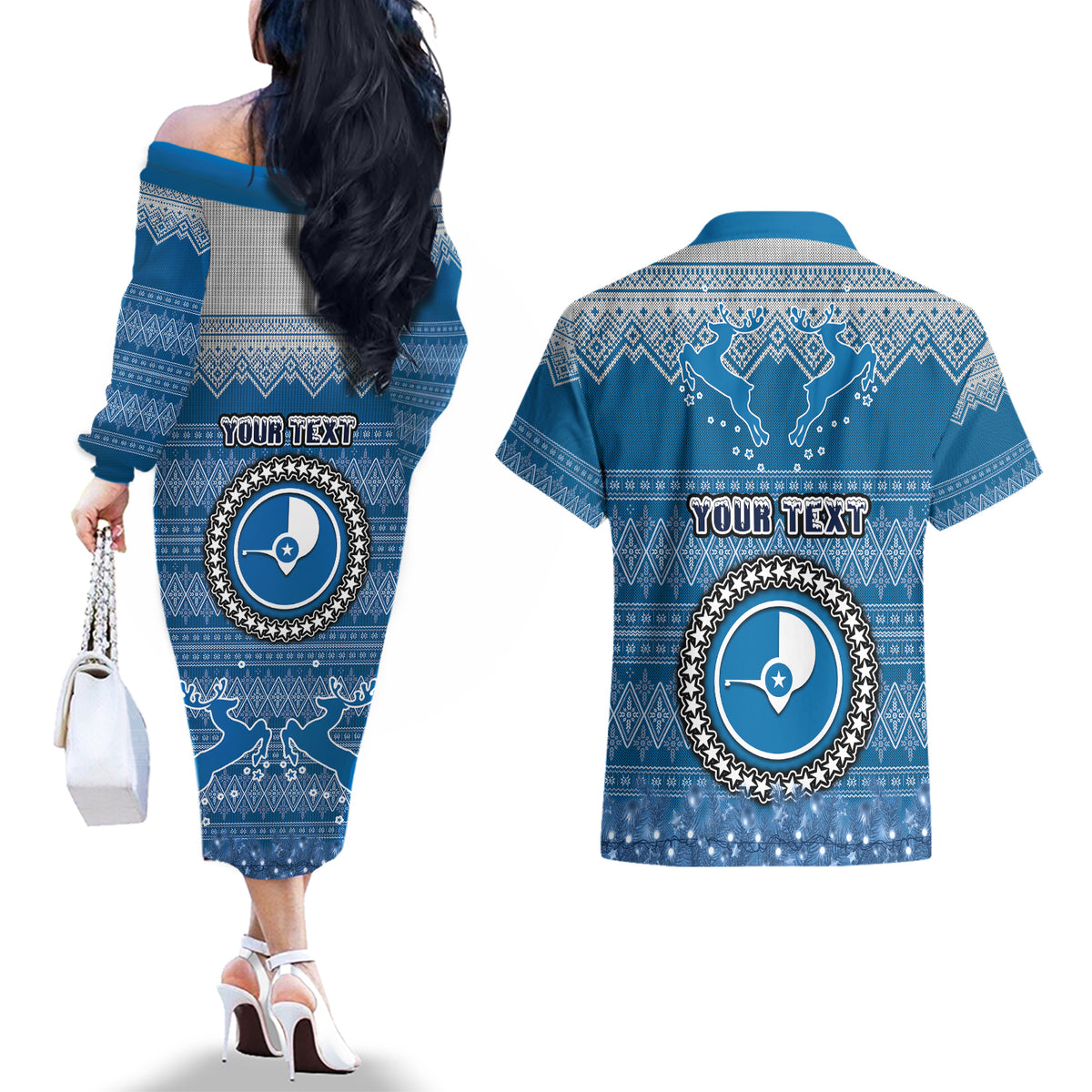 Personalised Yap Christmas Couples Matching Off The Shoulder Long Sleeve Dress and Hawaiian Shirt Coat of Arms Beautiful Merry Xmas Snowflake LT03 - Polynesian Pride