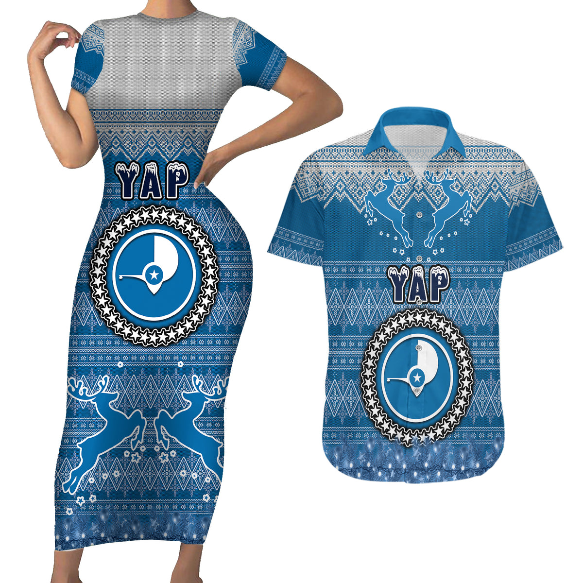Personalised Yap Christmas Couples Matching Short Sleeve Bodycon Dress and Hawaiian Shirt Coat of Arms Beautiful Merry Xmas Snowflake LT03 Blue - Polynesian Pride