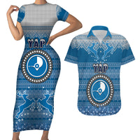 Personalised Yap Christmas Couples Matching Short Sleeve Bodycon Dress and Hawaiian Shirt Coat of Arms Beautiful Merry Xmas Snowflake LT03 Blue - Polynesian Pride