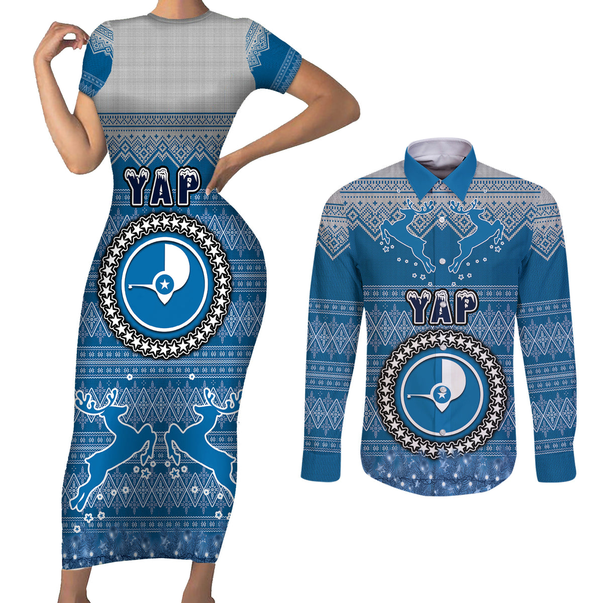 Personalised Yap Christmas Couples Matching Short Sleeve Bodycon Dress and Long Sleeve Button Shirts Coat of Arms Beautiful Merry Xmas Snowflake LT03 Blue - Polynesian Pride