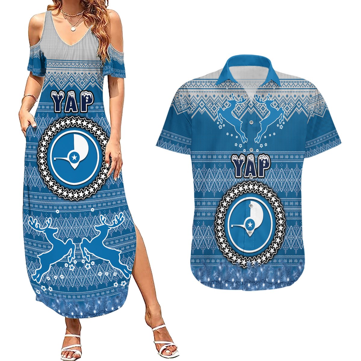 personalised-yap-christmas-couples-matching-summer-maxi-dress-and-hawaiian-shirt-coat-of-arms-beautiful-merry-xmas-snowflake