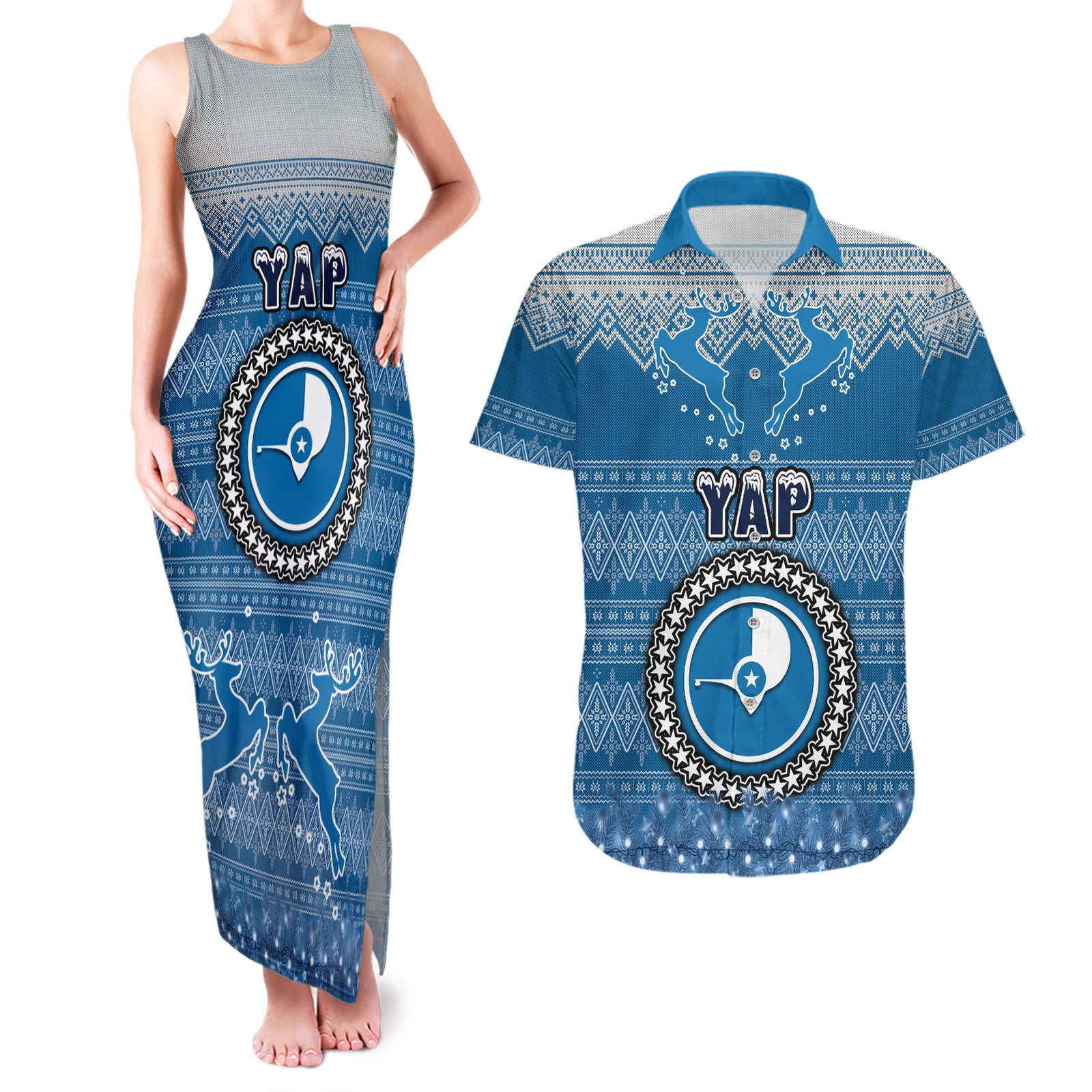 personalised-yap-christmas-couples-matching-tank-maxi-dress-and-hawaiian-shirt-coat-of-arms-beautiful-merry-xmas-snowflake