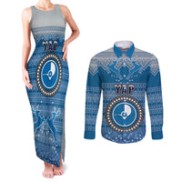 Personalised Yap Christmas Couples Matching Tank Maxi Dress and Long Sleeve Button Shirts Coat of Arms Beautiful Merry Xmas Snowflake LT03 Blue - Polynesian Pride