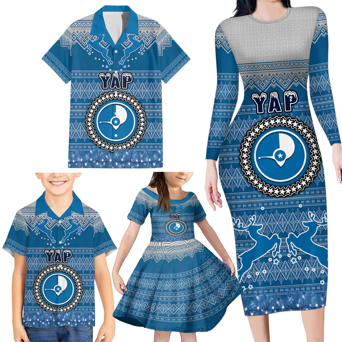 Personalised Yap Christmas Family Matching Long Sleeve Bodycon Dress and Hawaiian Shirt Coat of Arms Beautiful Merry Xmas Snowflake LT03 - Polynesian Pride