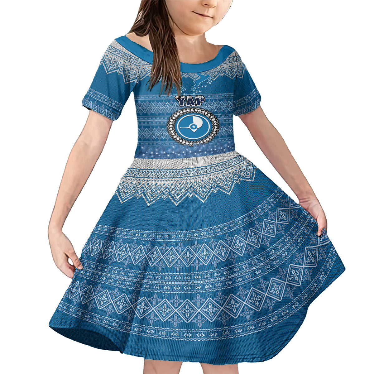 Personalised Yap Christmas Family Matching Mermaid Dress and Hawaiian Shirt Coat of Arms Beautiful Merry Xmas Snowflake LT03 Daughter's Dress Blue - Polynesian Pride