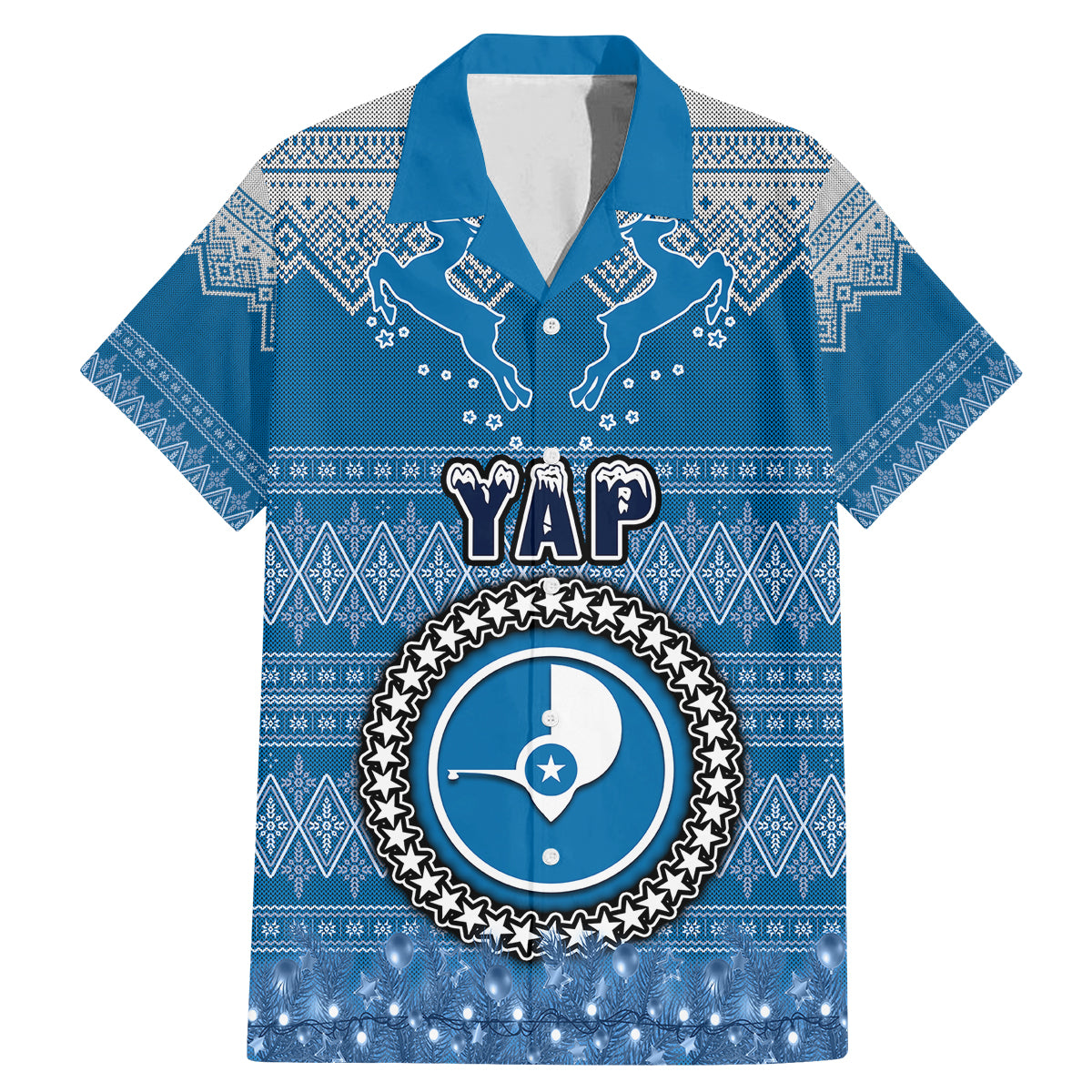 Personalised Yap Christmas Family Matching Mermaid Dress and Hawaiian Shirt Coat of Arms Beautiful Merry Xmas Snowflake LT03 Dad's Shirt - Short Sleeve Blue - Polynesian Pride