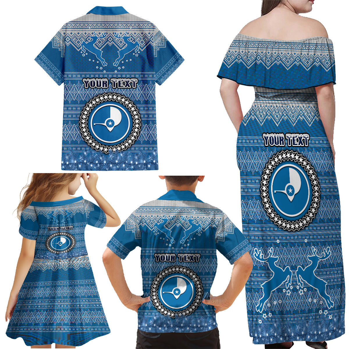 Personalised Yap Christmas Family Matching Off Shoulder Long Sleeve Dress and Hawaiian Shirt Coat of Arms Beautiful Merry Xmas Snowflake LT03 - Polynesian Pride
