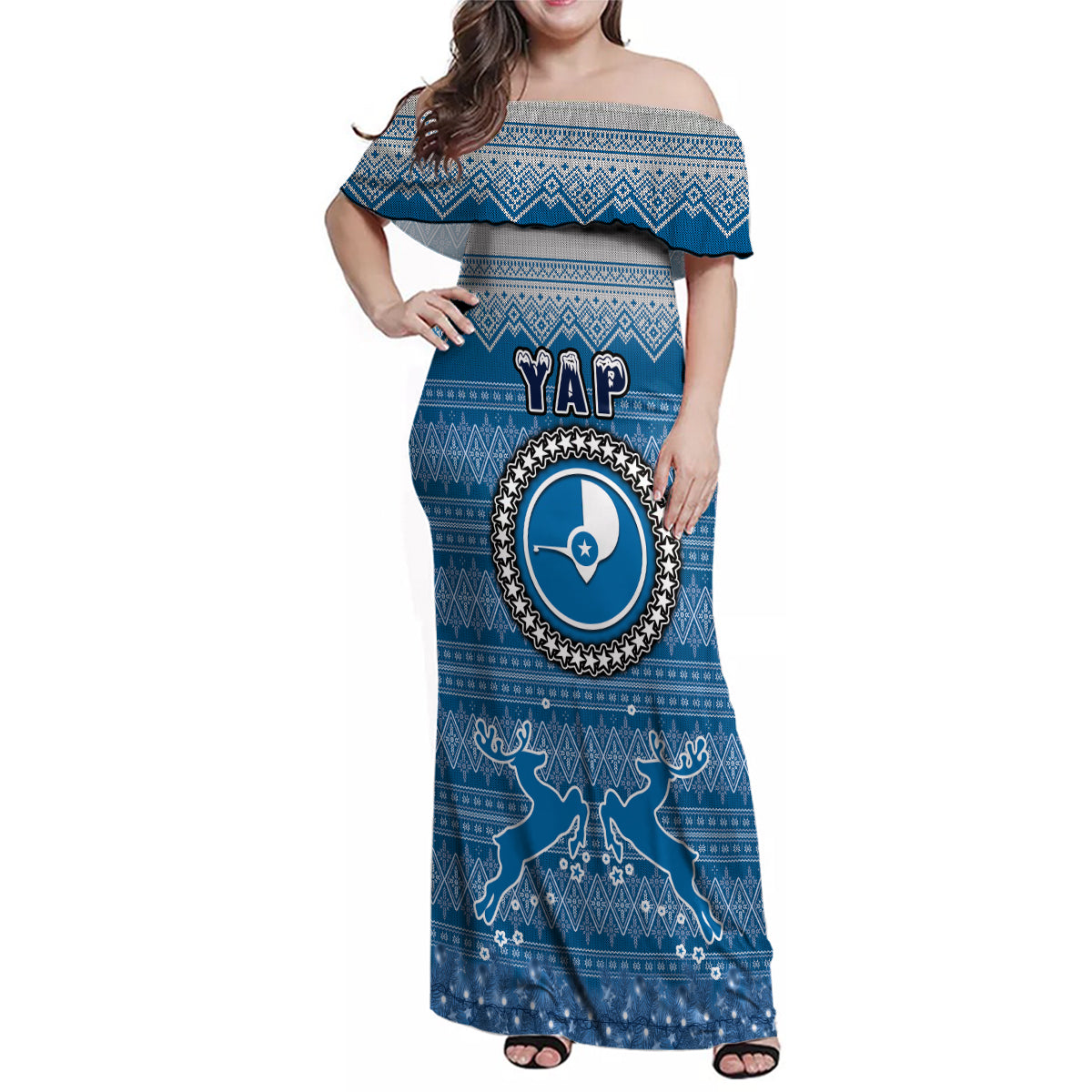 Personalised Yap Christmas Family Matching Off Shoulder Maxi Dress and Hawaiian Shirt Coat of Arms Beautiful Merry Xmas Snowflake LT03 Dad's Shirt - Long Sleeve Blue - Polynesian Pride
