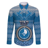 Personalised Yap Christmas Family Matching Off Shoulder Short Dress and Hawaiian Shirt Coat of Arms Beautiful Merry Xmas Snowflake LT03 Dad's Shirt - Long Sleeve Blue - Polynesian Pride
