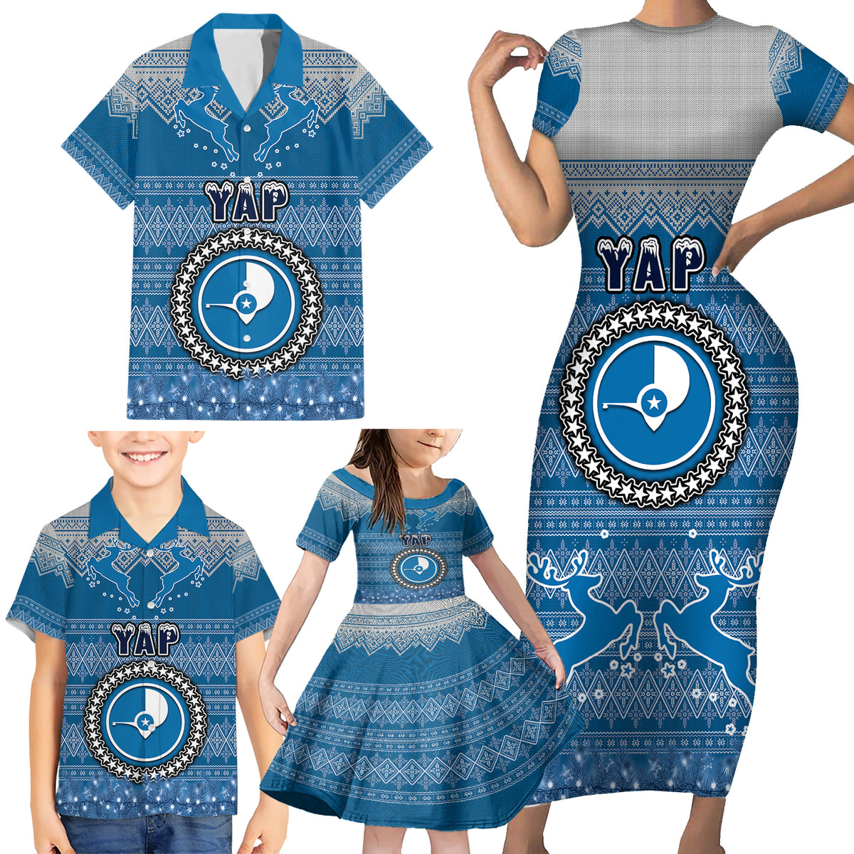 Personalised Yap Christmas Family Matching Short Sleeve Bodycon Dress and Hawaiian Shirt Coat of Arms Beautiful Merry Xmas Snowflake LT03 - Polynesian Pride