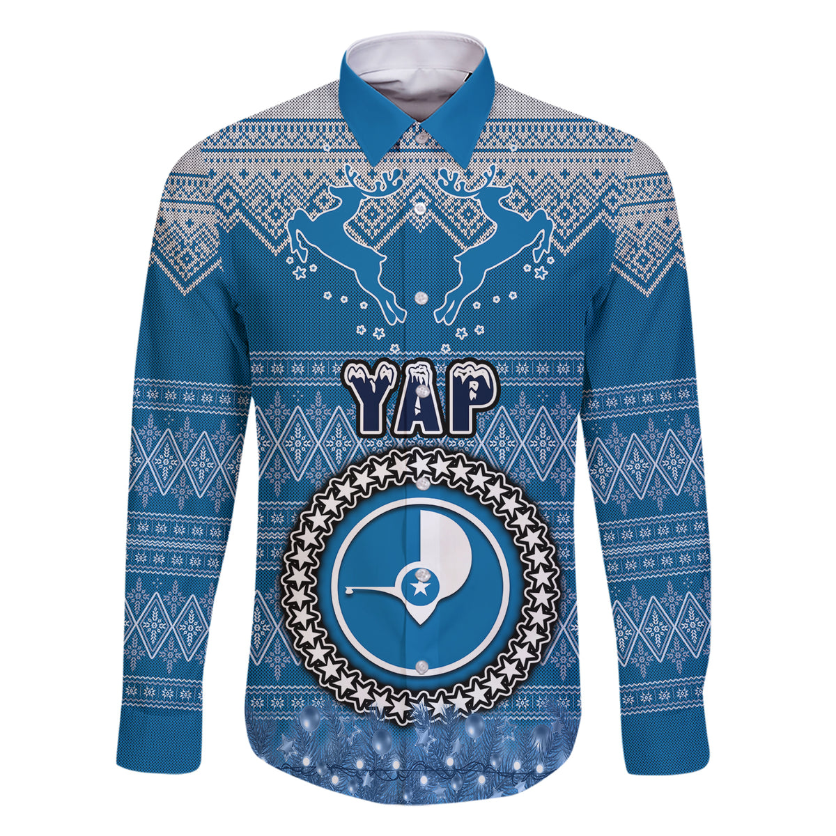 Personalised Yap Christmas Family Matching Short Sleeve Bodycon Dress and Hawaiian Shirt Coat of Arms Beautiful Merry Xmas Snowflake LT03 Dad's Shirt - Long Sleeve Blue - Polynesian Pride