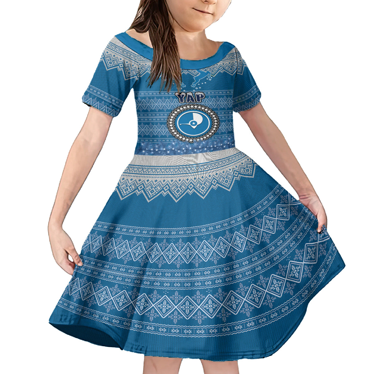 Personalised Yap Christmas Family Matching Summer Maxi Dress and Hawaiian Shirt Coat of Arms Beautiful Merry Xmas Snowflake LT03 Daughter's Dress Blue - Polynesian Pride