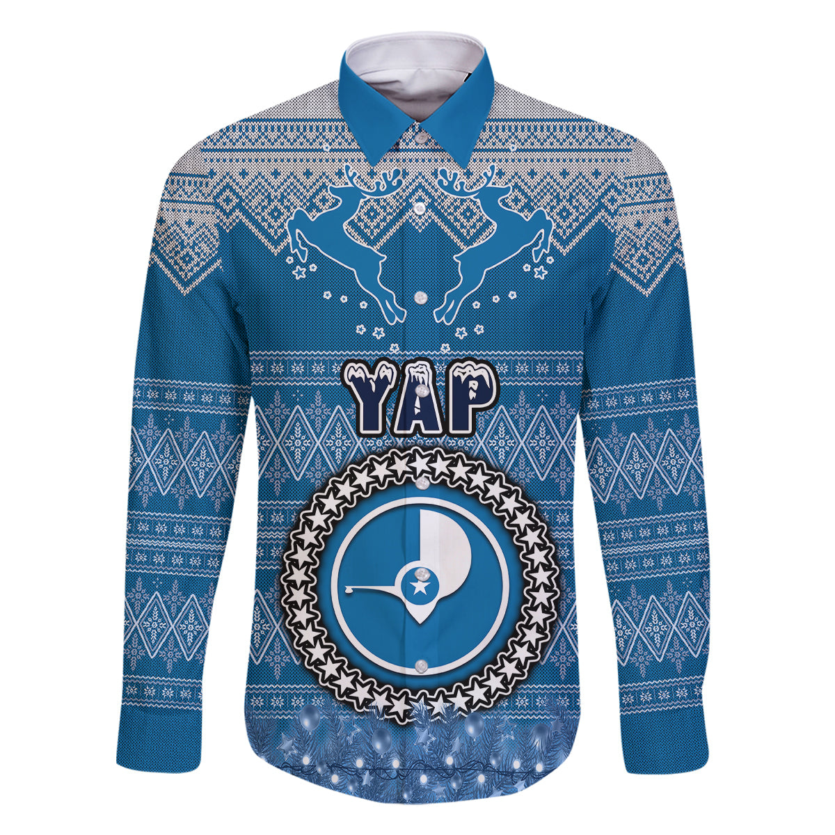 Personalised Yap Christmas Family Matching Summer Maxi Dress and Hawaiian Shirt Coat of Arms Beautiful Merry Xmas Snowflake LT03 Dad's Shirt - Long Sleeve Blue - Polynesian Pride