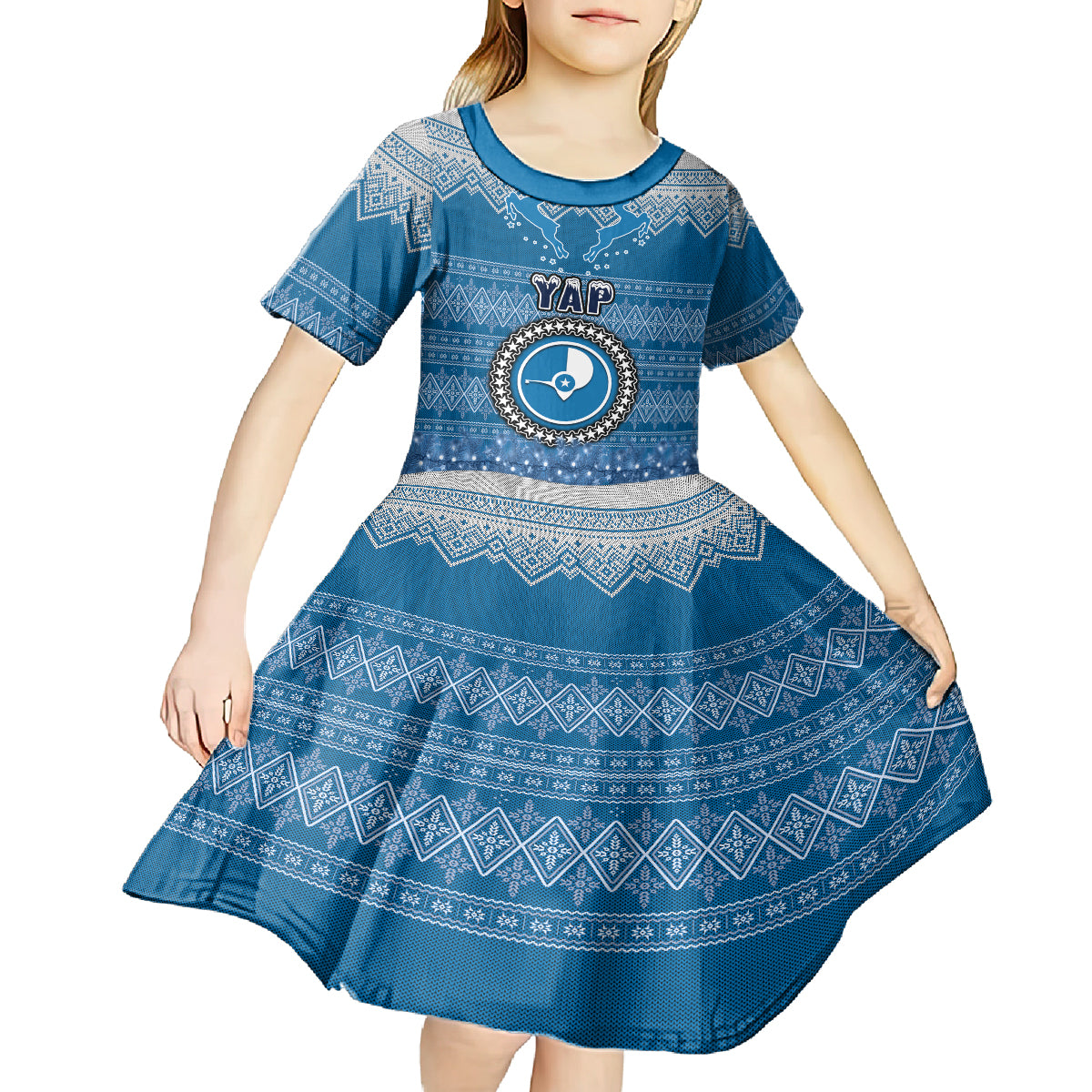 Personalised Yap Christmas Kid Short Sleeve Dress Coat of Arms Beautiful Merry Xmas Snowflake LT03 - Polynesian Pride