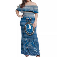 Personalised Yap Christmas Off Shoulder Maxi Dress Coat of Arms Beautiful Merry Xmas Snowflake LT03 Women Blue - Polynesian Pride