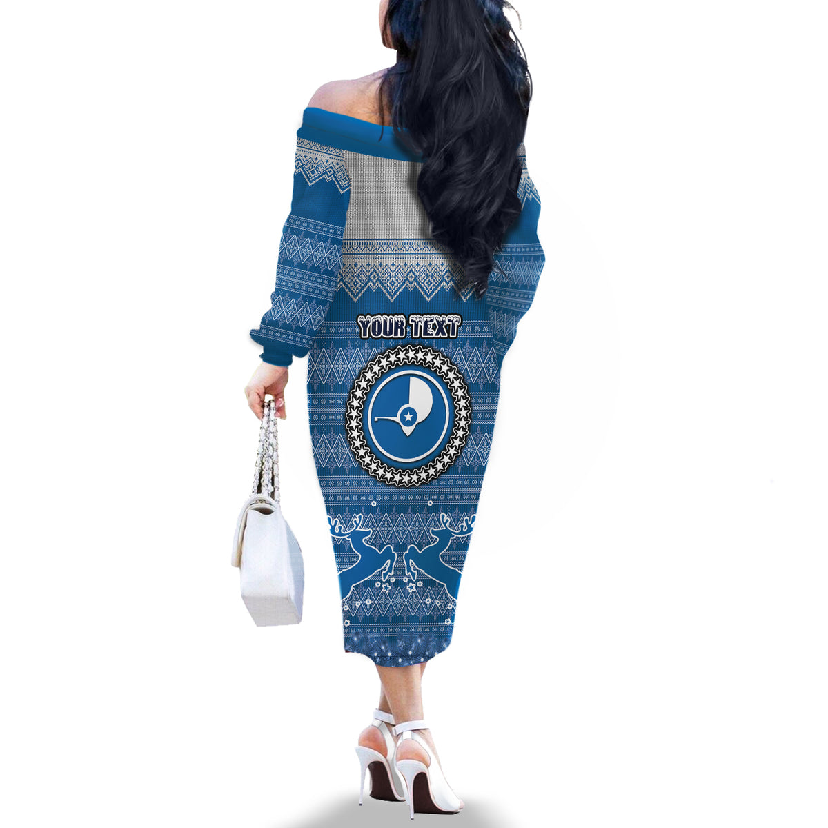 Personalised Yap Christmas Off The Shoulder Long Sleeve Dress Coat of Arms Beautiful Merry Xmas Snowflake LT03 - Polynesian Pride