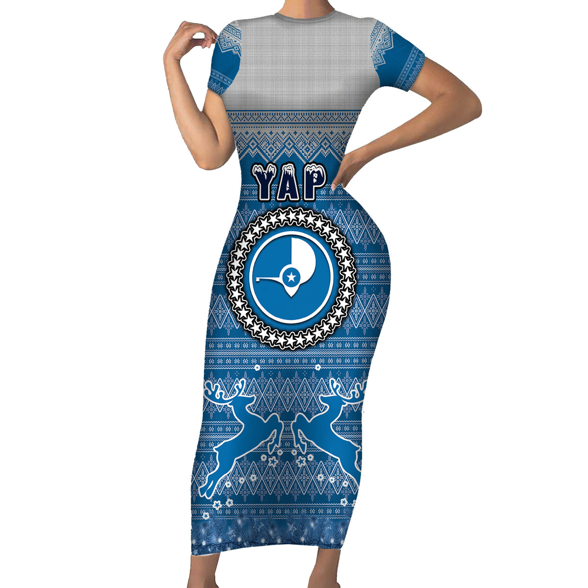 Personalised Yap Christmas Short Sleeve Bodycon Dress Coat of Arms Beautiful Merry Xmas Snowflake LT03 Long Dress Blue - Polynesian Pride