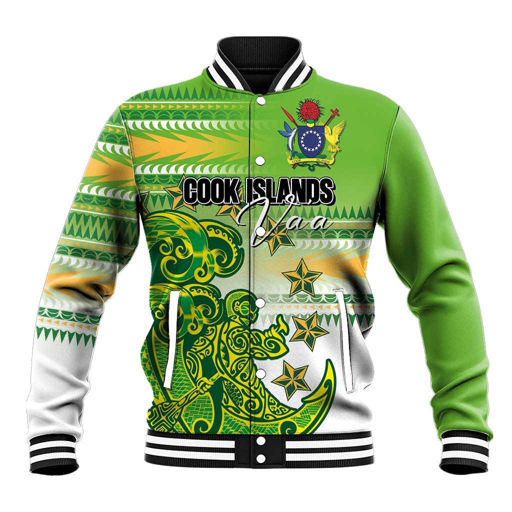 Personalised Cook Islands Va'a Race Baseball Jacket Te Tatau Tattoos Sporty Style Green-White Color LT03 Unisex Green - Polynesian Pride