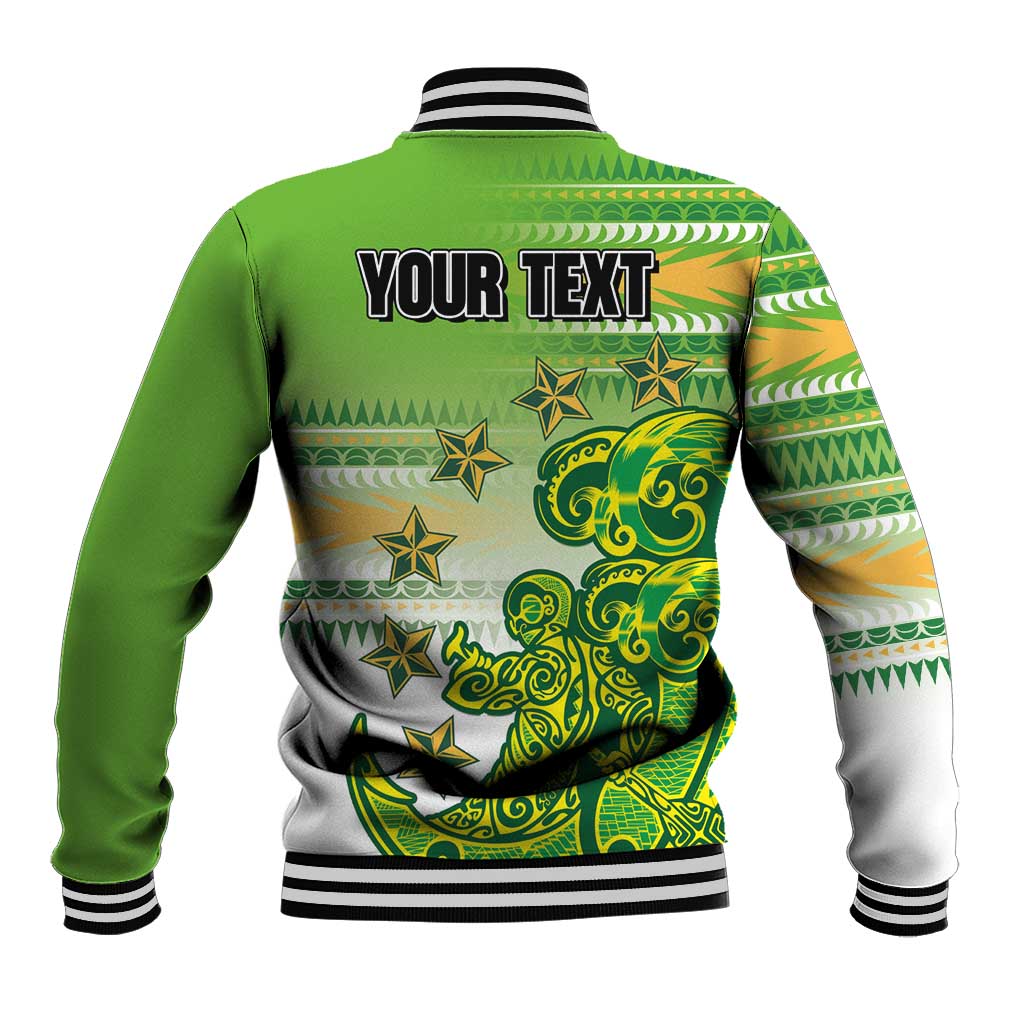 Personalised Cook Islands Va'a Race Baseball Jacket Te Tatau Tattoos Sporty Style Green-White Color LT03 - Polynesian Pride
