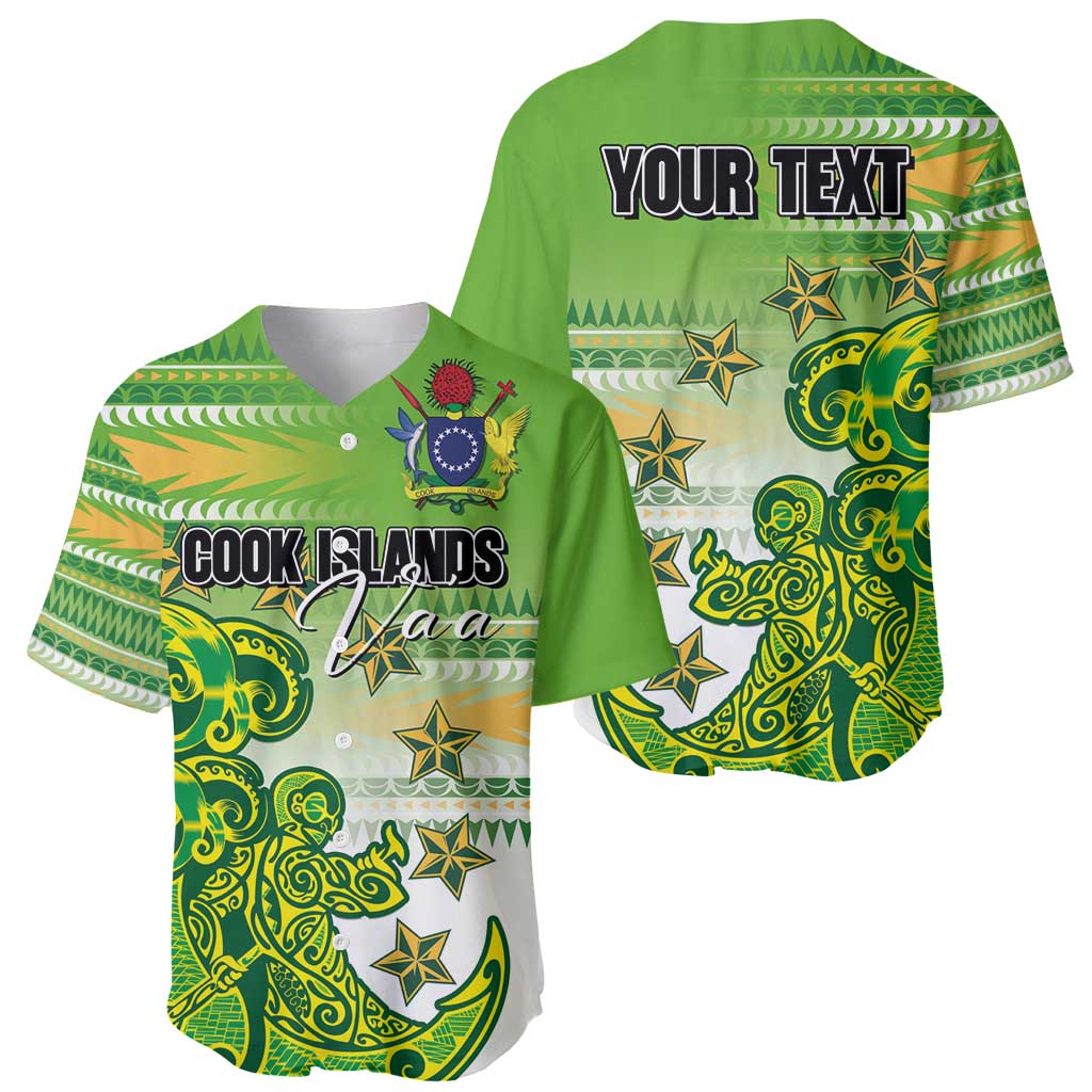 Personalised Cook Islands Va'a Race Baseball Jersey Te Tatau Tattoos Sporty Style Green-White Color LT03 - Polynesian Pride