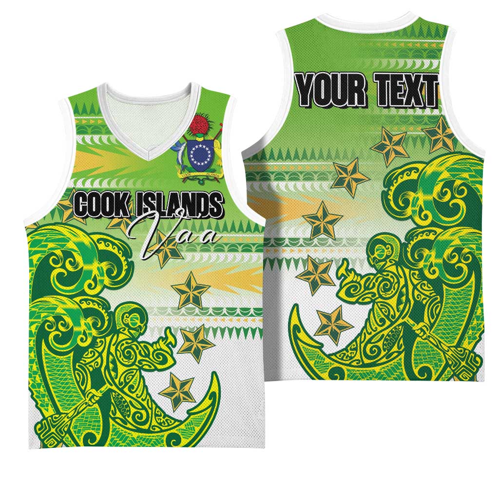 Personalised Cook Islands Va'a Race Basketball Jersey Te Tatau Tattoos Sporty Style Green-White Color LT03 - Polynesian Pride