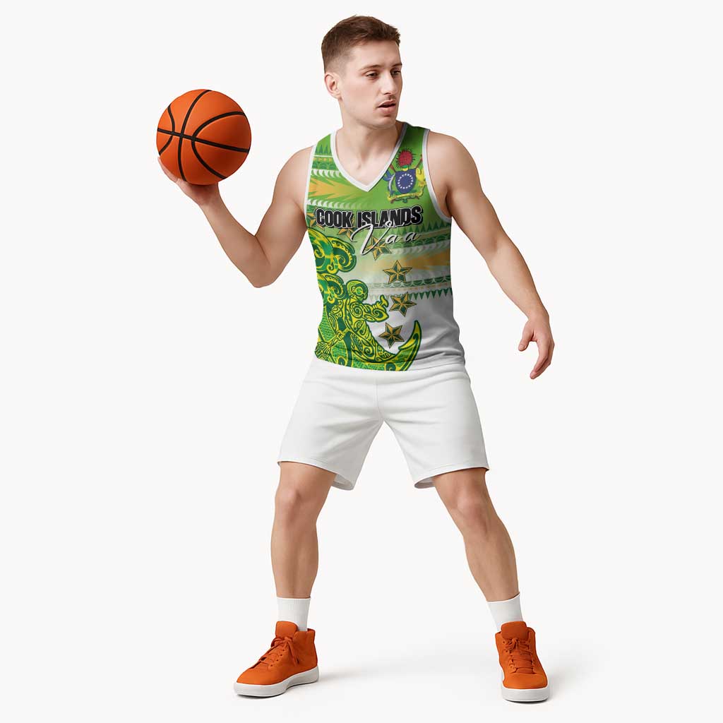 Personalised Cook Islands Va'a Race Basketball Jersey Te Tatau Tattoos Sporty Style Green-White Color LT03 - Polynesian Pride