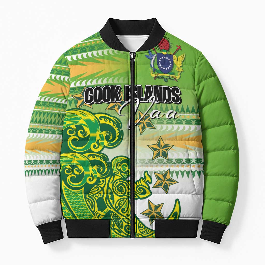 Personalised Cook Islands Va'a Race Bomber Puffer Jacket Te Tatau Tattoos Sporty Style Green-White Color LT03 Unisex Green - Polynesian Pride