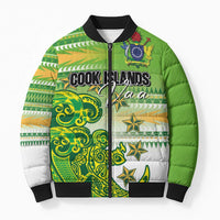 Personalised Cook Islands Va'a Race Bomber Puffer Jacket Te Tatau Tattoos Sporty Style Green-White Color LT03 Unisex Green - Polynesian Pride