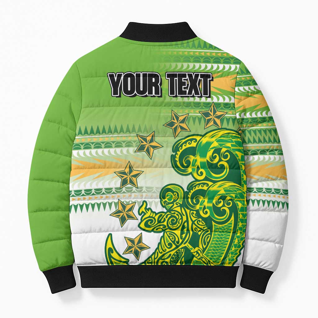 Personalised Cook Islands Va'a Race Bomber Puffer Jacket Te Tatau Tattoos Sporty Style Green-White Color LT03 - Polynesian Pride