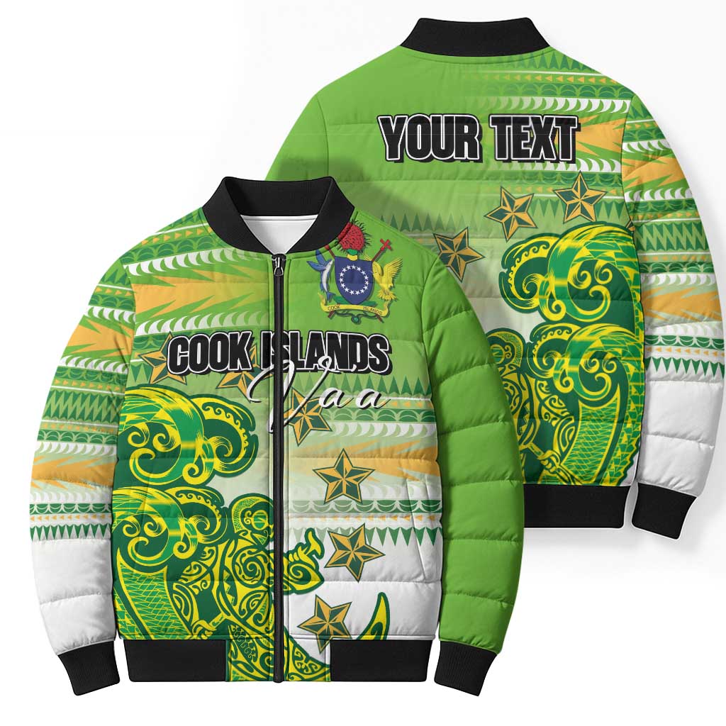 Personalised Cook Islands Va'a Race Bomber Puffer Jacket Te Tatau Tattoos Sporty Style Green-White Color LT03 - Polynesian Pride