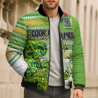 Personalised Cook Islands Va'a Race Bomber Puffer Jacket Te Tatau Tattoos Sporty Style Green-White Color LT03 - Polynesian Pride