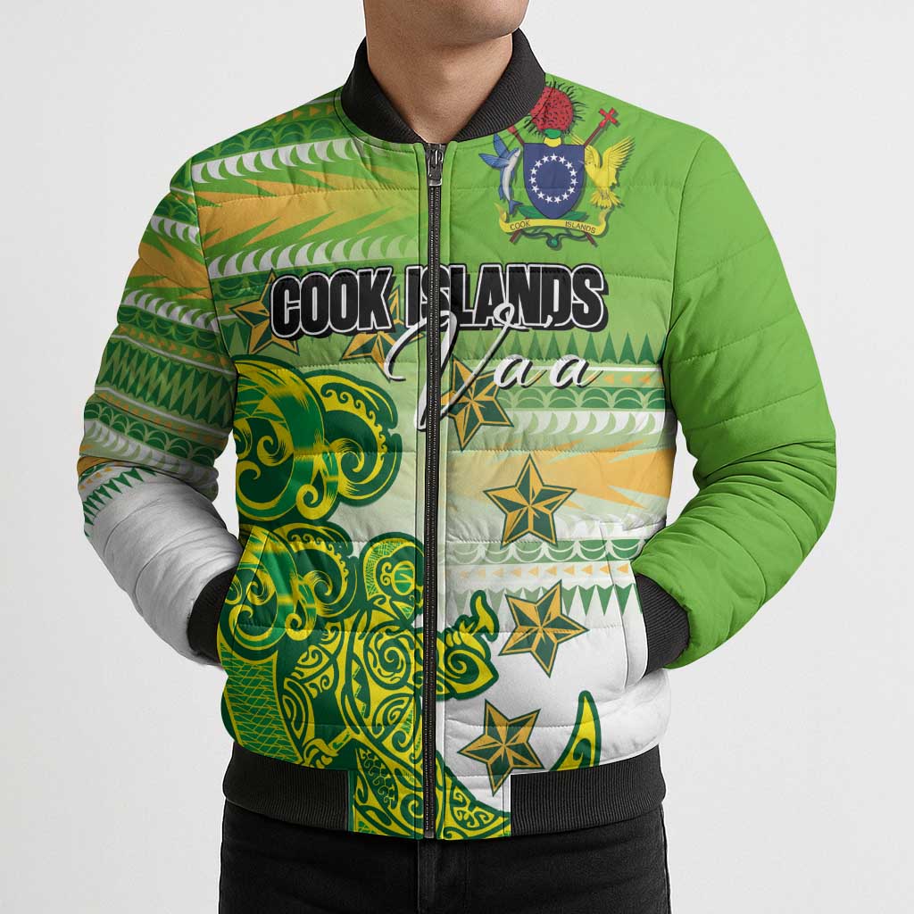 Personalised Cook Islands Va'a Race Bomber Puffer Jacket Te Tatau Tattoos Sporty Style Green-White Color LT03 - Polynesian Pride