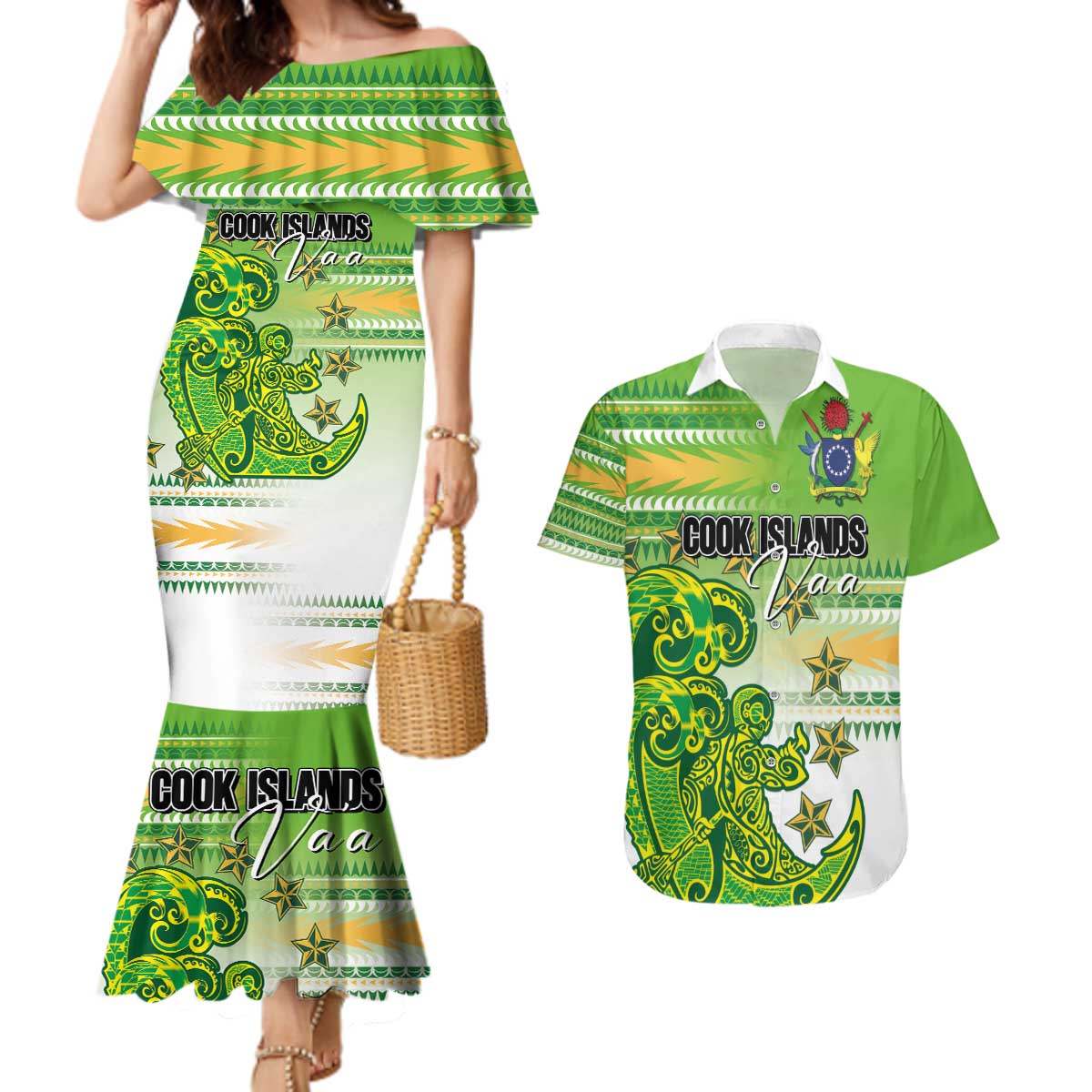 Personalised Cook Islands Va'a Race Couples Matching Mermaid Dress and Hawaiian Shirt Te Tatau Tattoos Sporty Style Green-White Color LT03 Green - Polynesian Pride