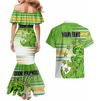 Personalised Cook Islands Va'a Race Couples Matching Mermaid Dress and Hawaiian Shirt Te Tatau Tattoos Sporty Style Green-White Color LT03 - Polynesian Pride