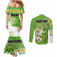 Personalised Cook Islands Va'a Race Couples Matching Mermaid Dress and Long Sleeve Button Shirt Te Tatau Tattoos Sporty Style Green-White Color LT03 - Polynesian Pride