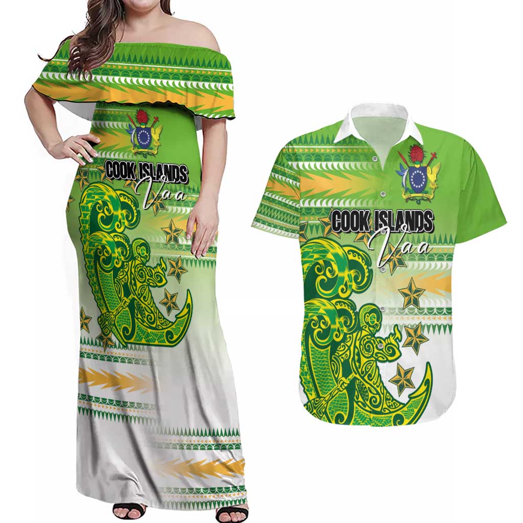 Personalised Cook Islands Va'a Race Couples Matching Off Shoulder Maxi Dress and Hawaiian Shirt Te Tatau Tattoos Sporty Style Green-White Color LT03 Green - Polynesian Pride