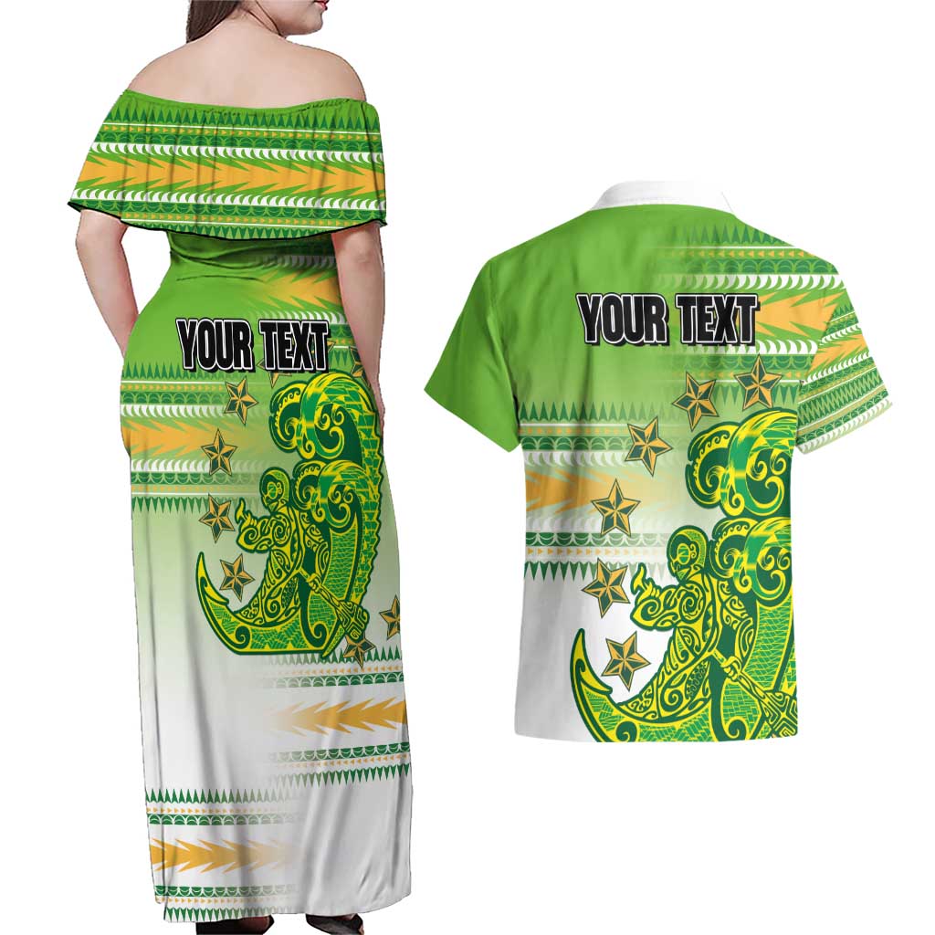 Personalised Cook Islands Va'a Race Couples Matching Off Shoulder Maxi Dress and Hawaiian Shirt Te Tatau Tattoos Sporty Style Green-White Color LT03 - Polynesian Pride