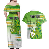 Personalised Cook Islands Va'a Race Couples Matching Off Shoulder Maxi Dress and Hawaiian Shirt Te Tatau Tattoos Sporty Style Green-White Color LT03 - Polynesian Pride