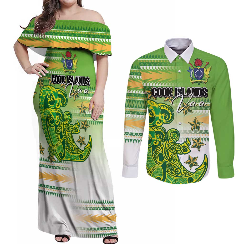 Personalised Cook Islands Va'a Race Couples Matching Off Shoulder Maxi Dress and Long Sleeve Button Shirt Te Tatau Tattoos Sporty Style Green-White Color LT03 Green - Polynesian Pride
