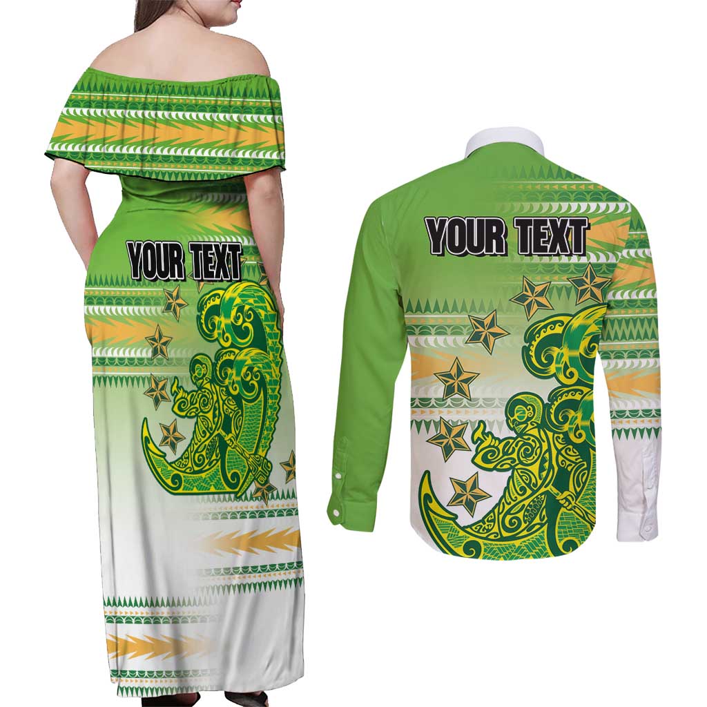 Personalised Cook Islands Va'a Race Couples Matching Off Shoulder Maxi Dress and Long Sleeve Button Shirt Te Tatau Tattoos Sporty Style Green-White Color LT03 - Polynesian Pride