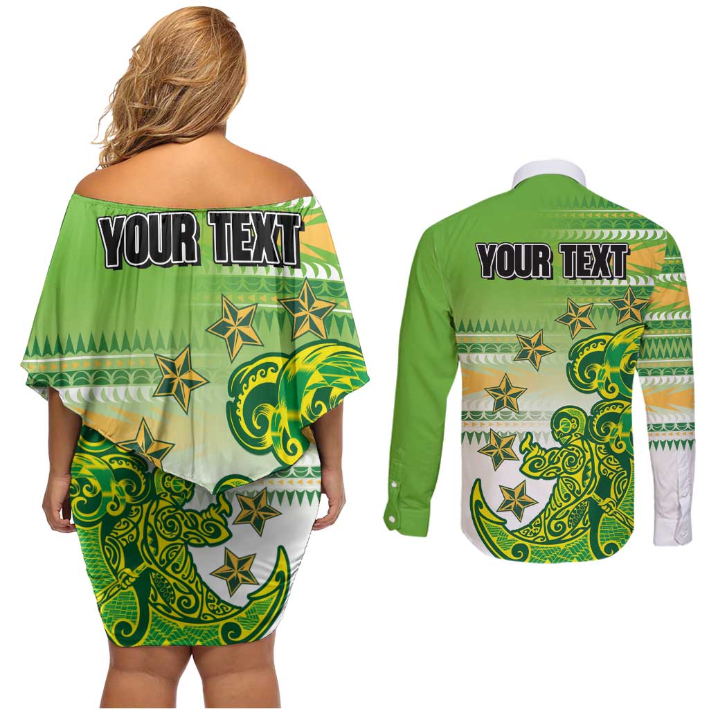 Personalised Cook Islands Va'a Race Couples Matching Off Shoulder Short Dress and Long Sleeve Button Shirt Te Tatau Tattoos Sporty Style Green-White Color LT03 - Polynesian Pride