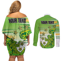 Personalised Cook Islands Va'a Race Couples Matching Off Shoulder Short Dress and Long Sleeve Button Shirt Te Tatau Tattoos Sporty Style Green-White Color LT03 - Polynesian Pride