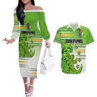 Personalised Cook Islands Va'a Race Couples Matching Off The Shoulder Long Sleeve Dress and Hawaiian Shirt Te Tatau Tattoos Sporty Style Green-White Color LT03 Green - Polynesian Pride