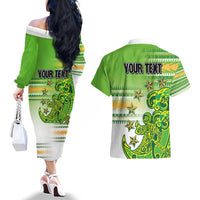 Personalised Cook Islands Va'a Race Couples Matching Off The Shoulder Long Sleeve Dress and Hawaiian Shirt Te Tatau Tattoos Sporty Style Green-White Color LT03 - Polynesian Pride