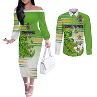 Personalised Cook Islands Va'a Race Couples Matching Off The Shoulder Long Sleeve Dress and Long Sleeve Button Shirt Te Tatau Tattoos Sporty Style Green-White Color LT03 Green - Polynesian Pride